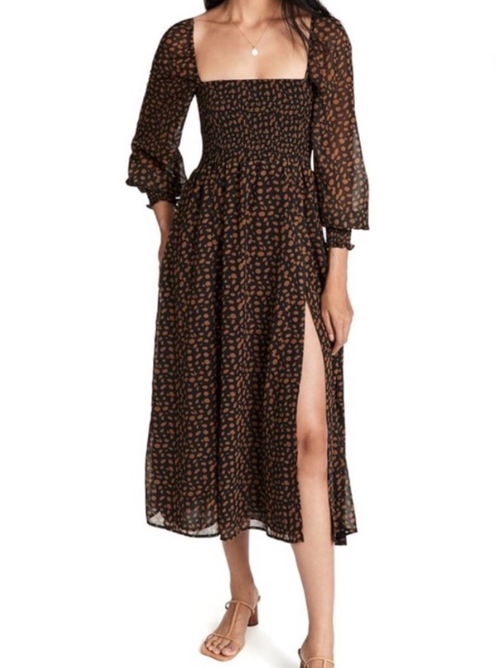 o.p.t. Smocked Square-Neck Midi Dress in Brown and Black Print